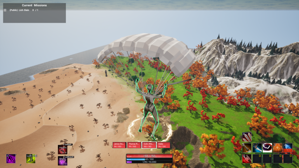 A silver humanoid figure hangs midair from a parachute as they sail over a desert and cross into a green grassland dotted with red trees.